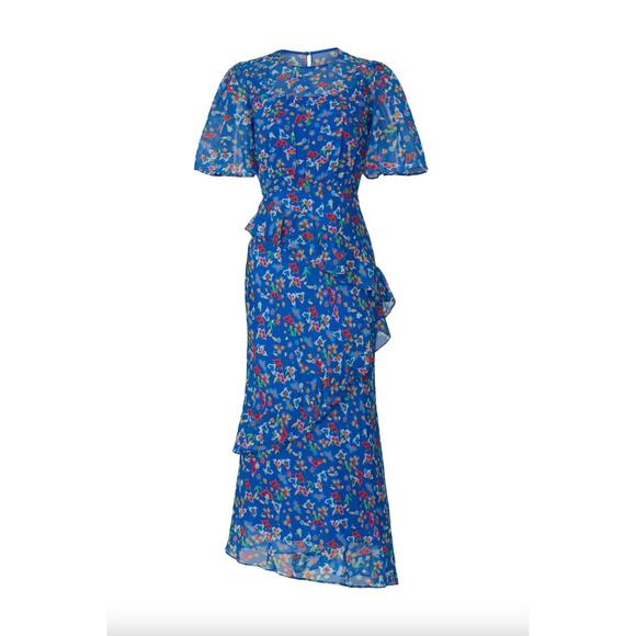 SALONI Blue Vida Ruffled Silk Dress Sz 2 - Picture 3 of 6